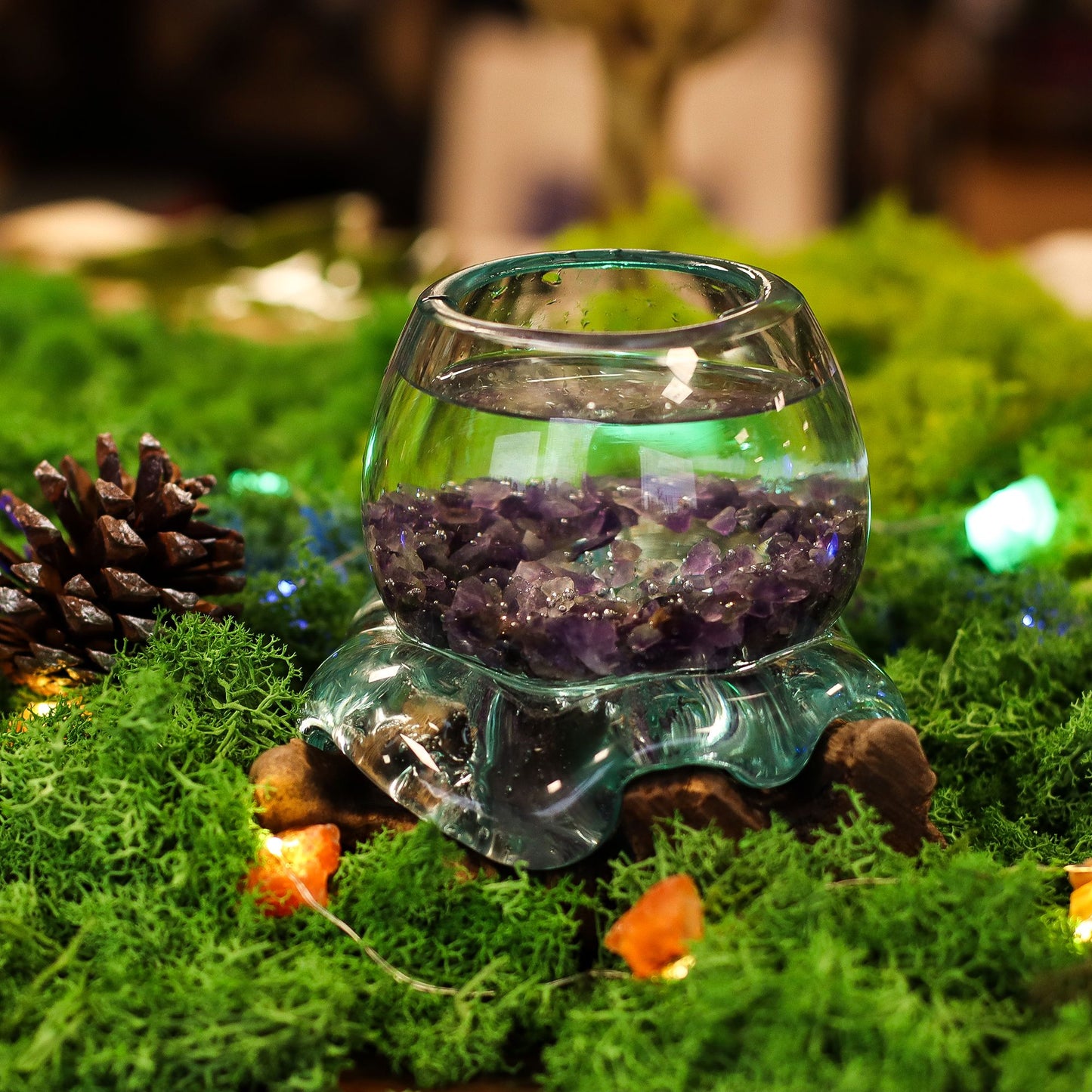 Handgemaakte Gerecycled glas mini kom op Hout – Uniek Interieurstuk