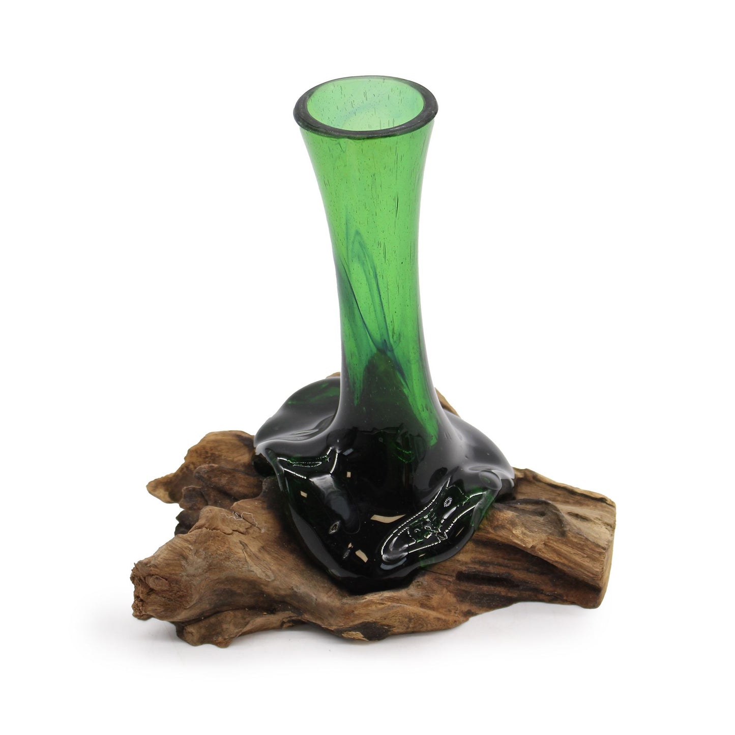 Handgemaakte Gerecycled glas vaas op Hout – Uniek Interieurstuk