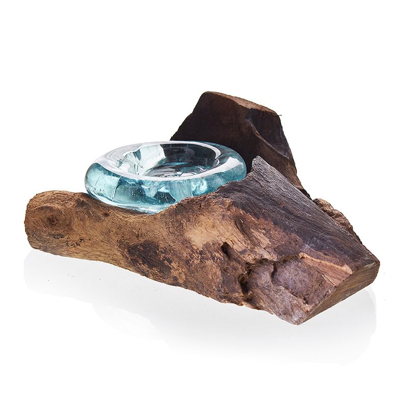 Handgemaakte Gerecycled glas theelichthouder op Hout – Uniek Interieurstuk