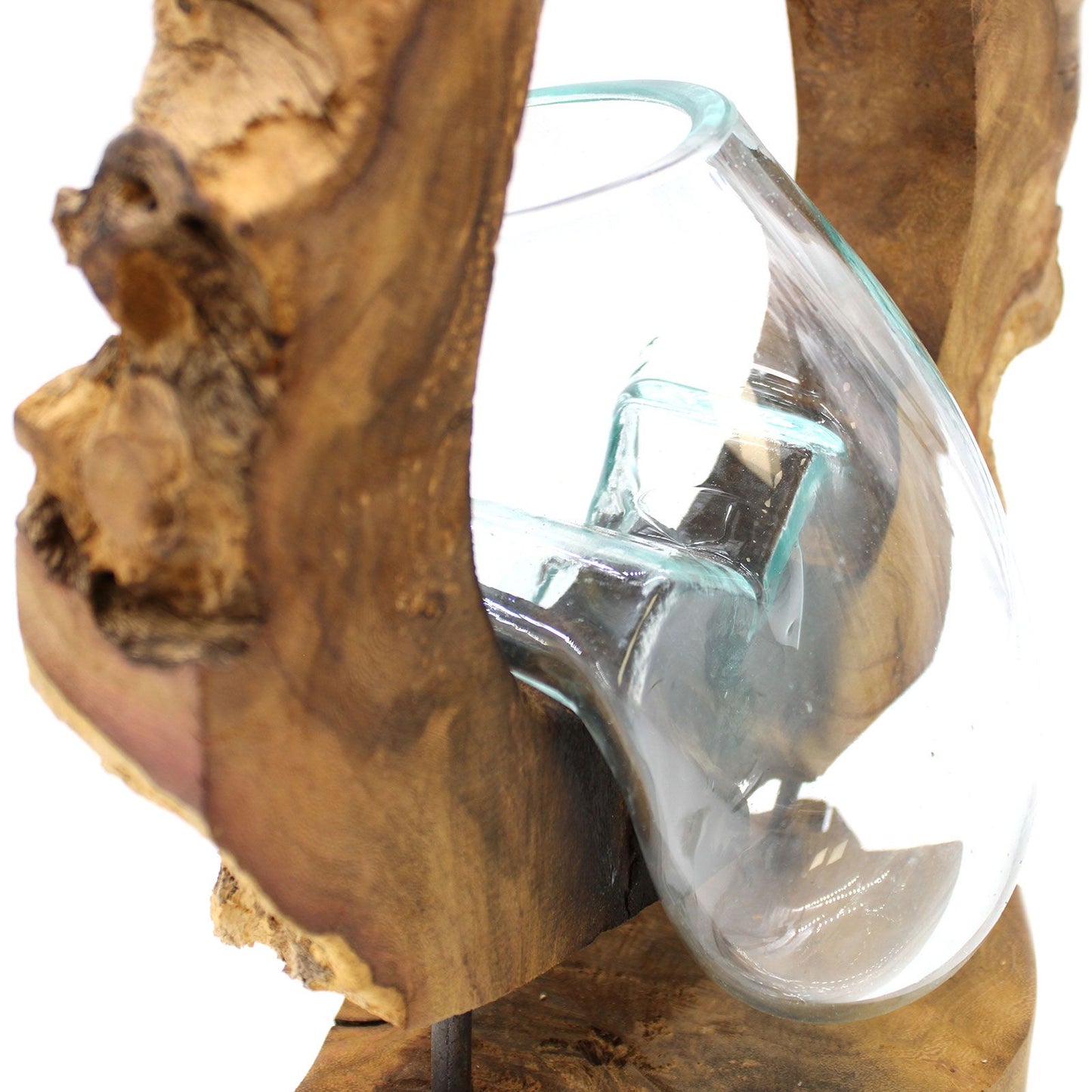 Handgemaakte Gerecycled glas vaas hangend op Hout – Uniek Interieurstuk