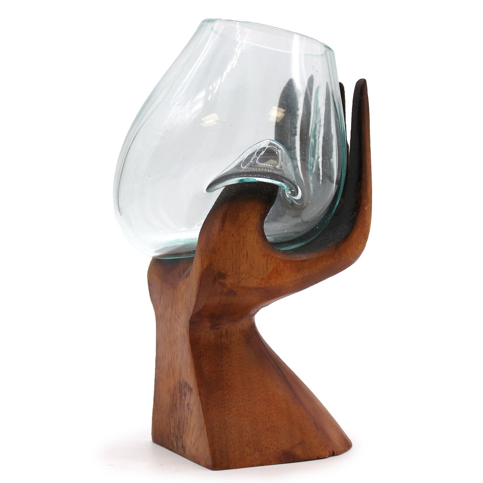 Druppelvaas, glas, hout, natuurlijk, handgemaakt