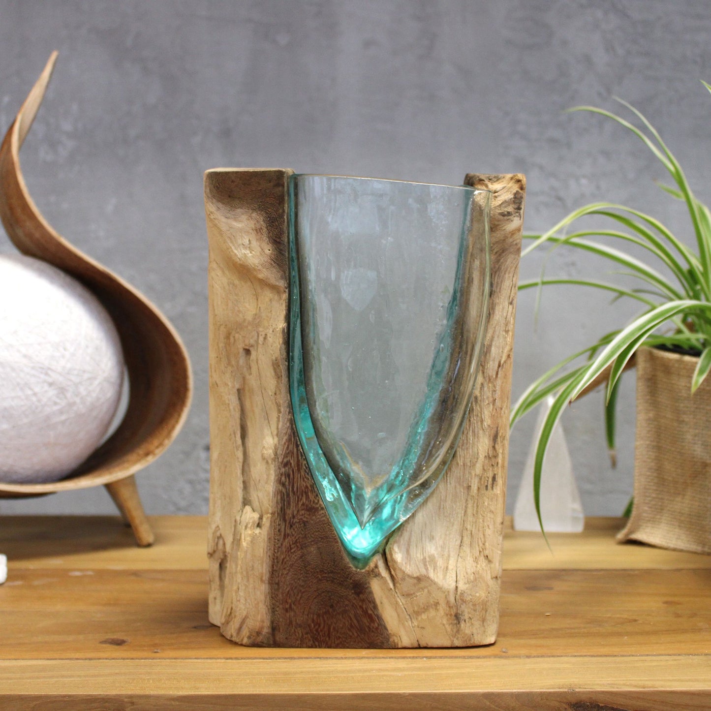 Druppelvaas, glas, hout, natuurlijk, handgemaakt