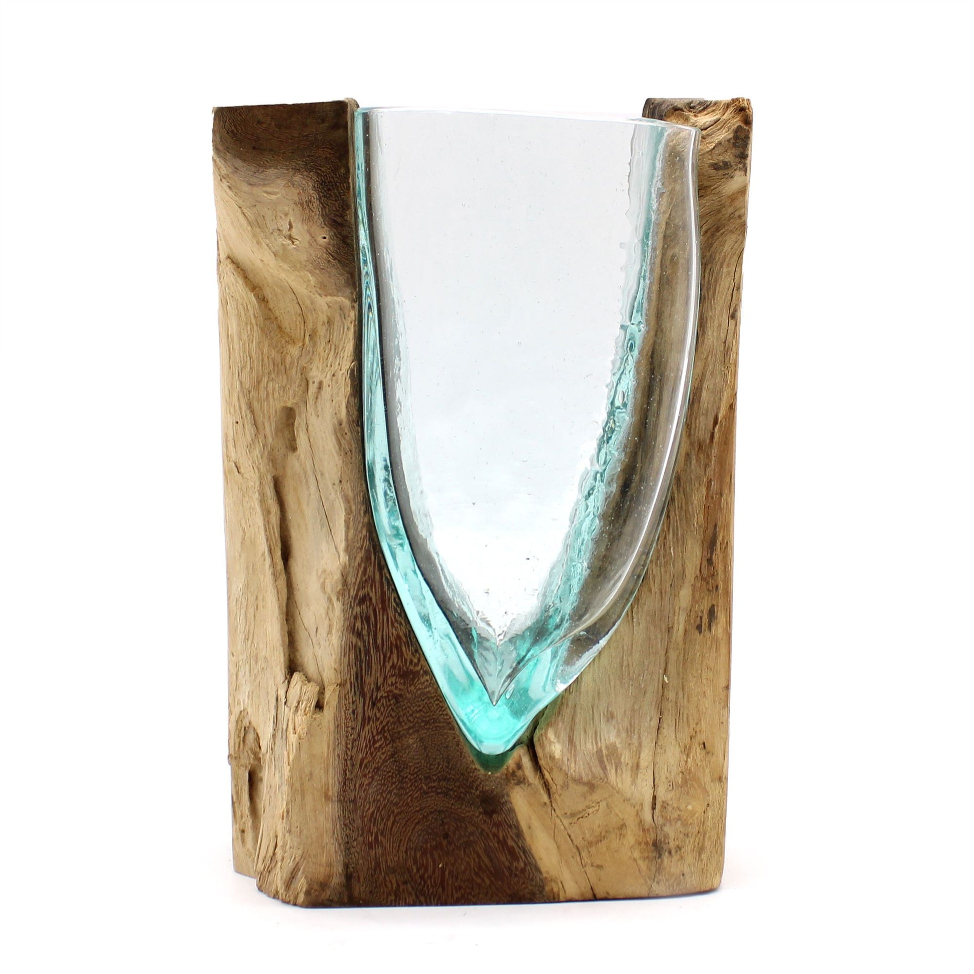 Druppelvaas, glas, hout, natuurlijk, handgemaakt