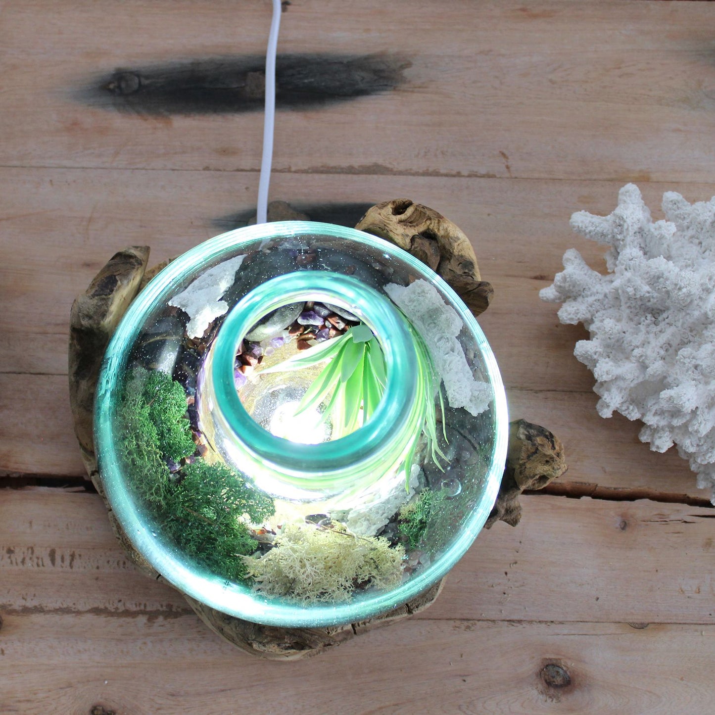 Druppelvaas, glas, hout, natuurlijk, handgemaakt