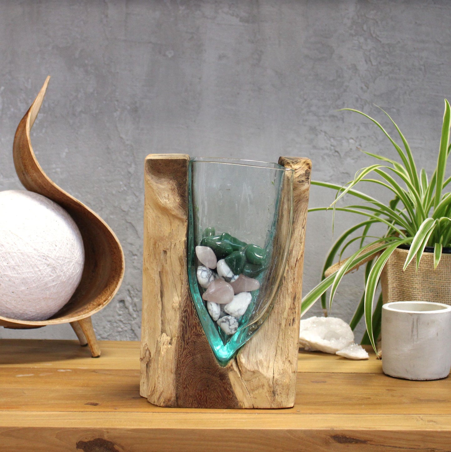 Druppelvaas, glas, hout, natuurlijk, handgemaakt