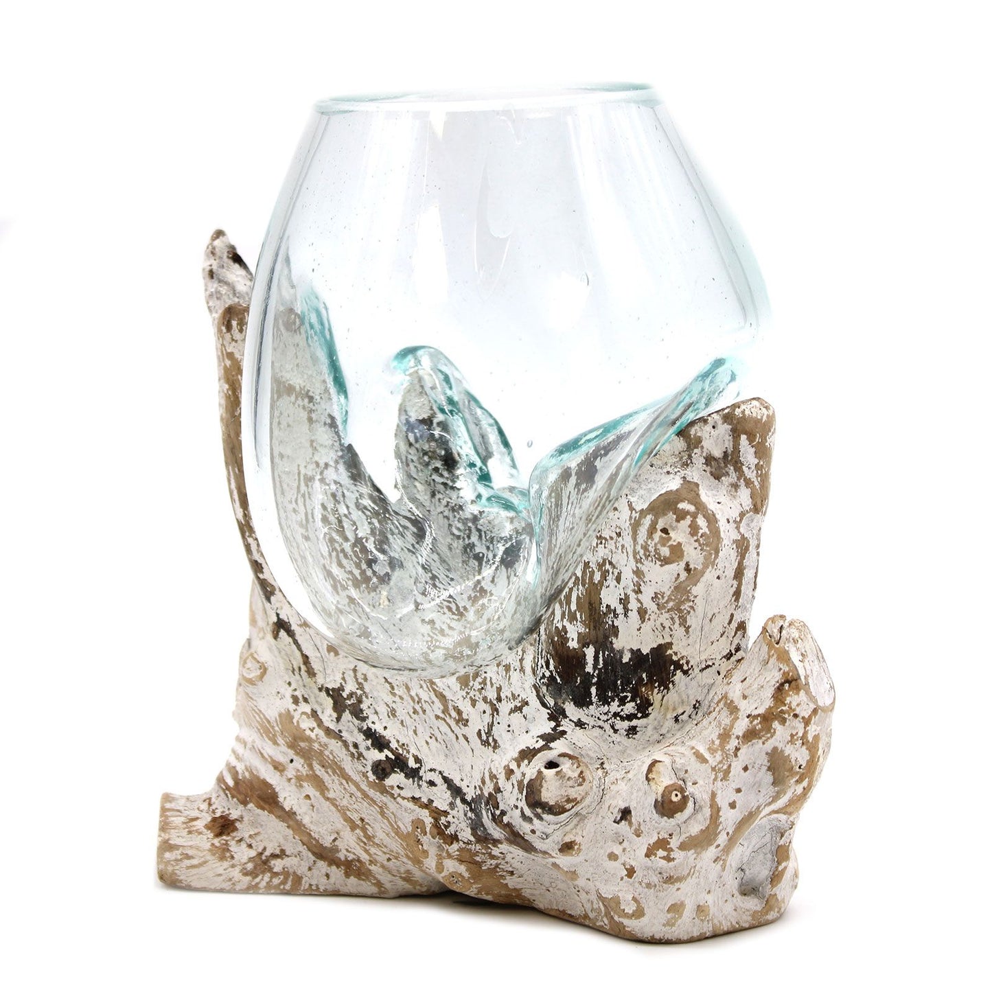Handgemaakte Gerecycled glas  vaas op whitewash Hout – Uniek Interieurstuk