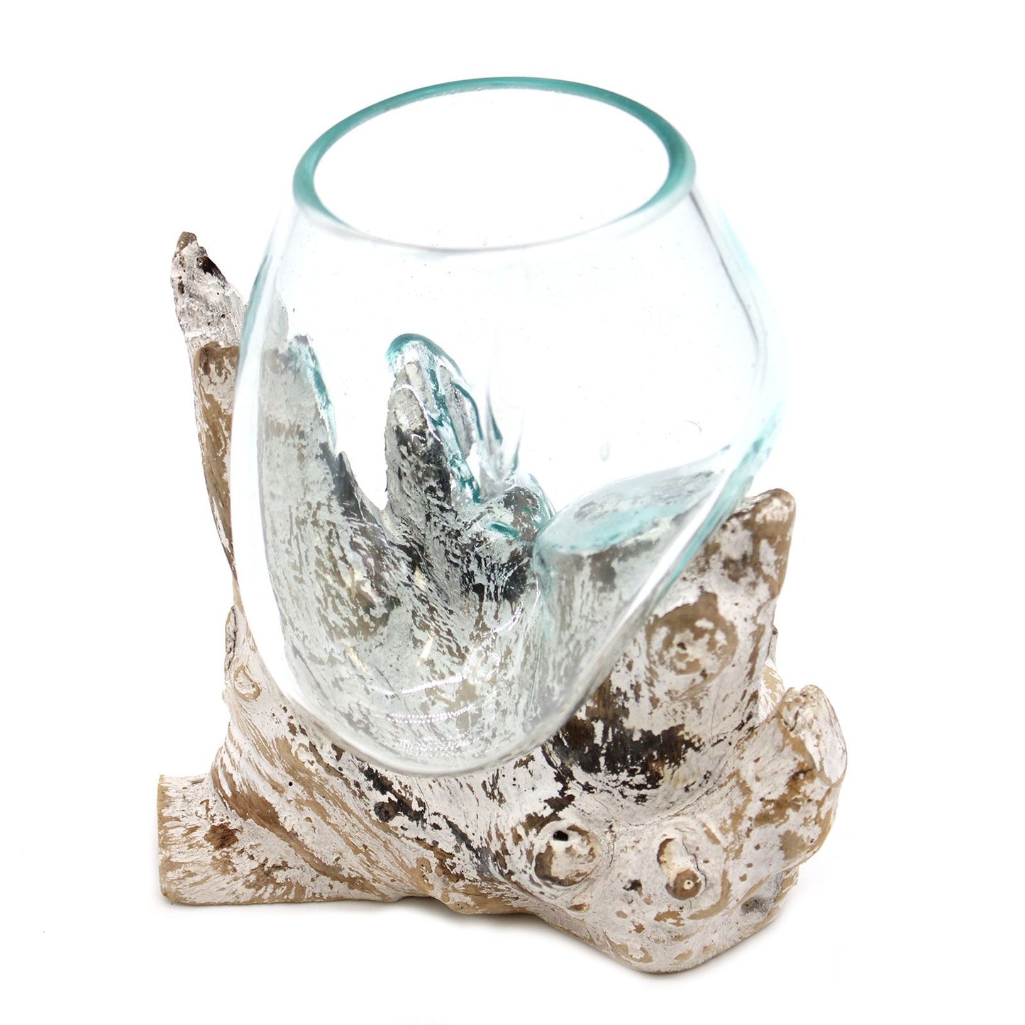 Handgemaakte Gerecycled glas  vaas op whitewash Hout – Uniek Interieurstuk