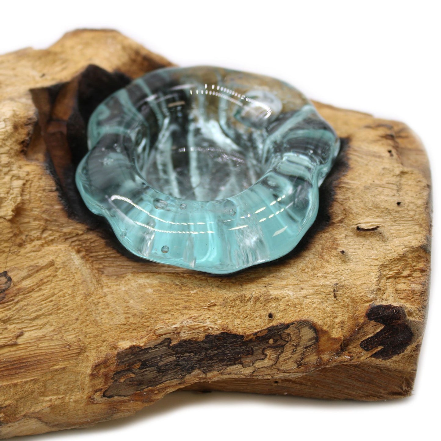 Handgemaakte Gerecycled glas theelichthouder (3) op Hout – Uniek Interieurstuk
