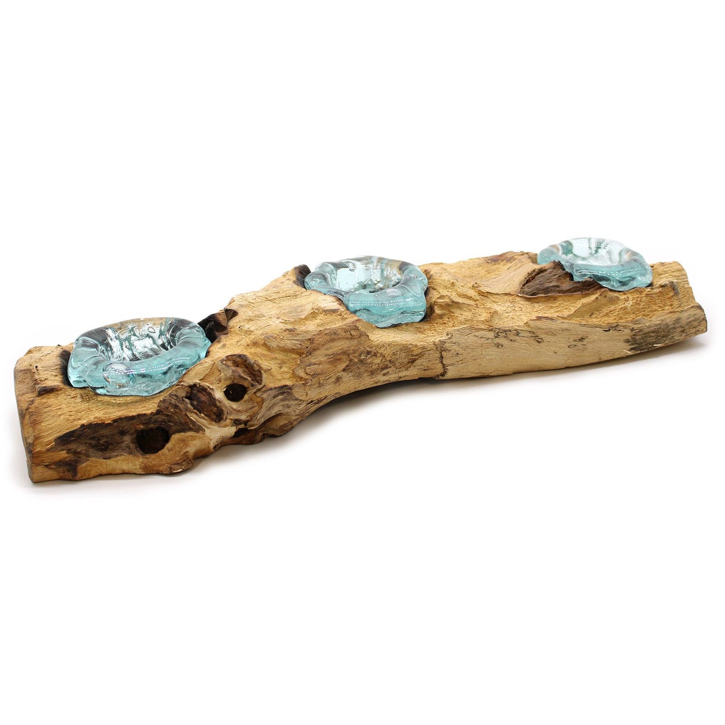 Handgemaakte Gerecycled glas theelichthouder (3) op Hout – Uniek Interieurstuk