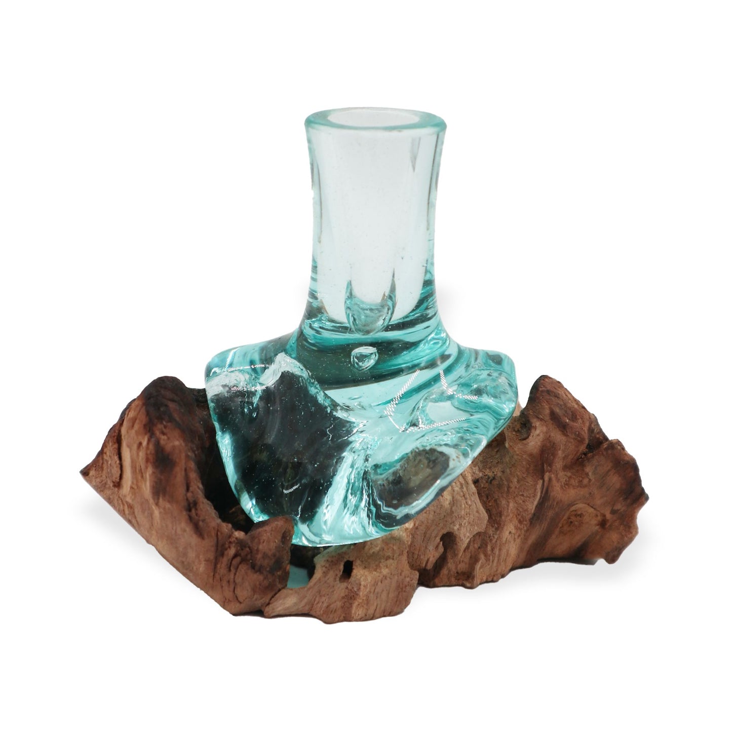 Handgemaakte Gerecycled glas vaasje klein op Hout – Uniek Interieurstuk