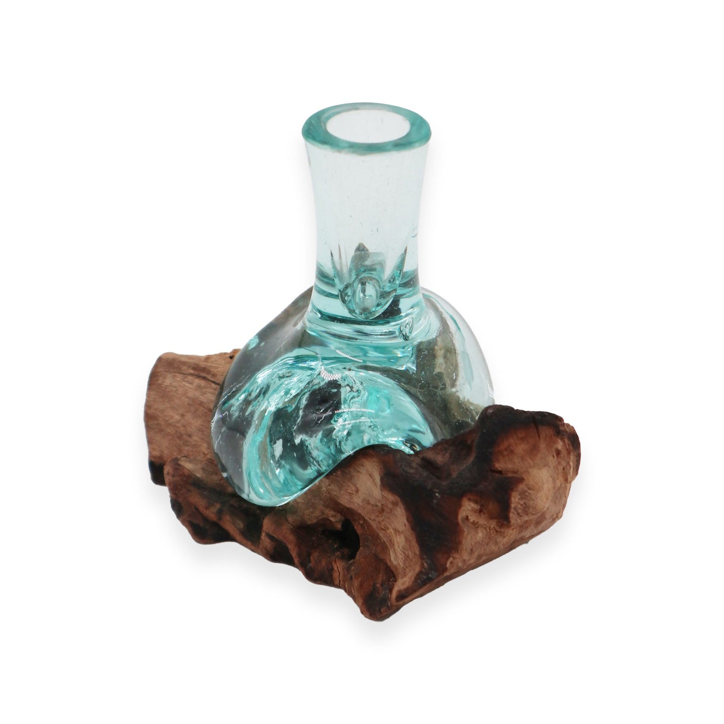 Handgemaakte Gerecycled glas vaasje klein op Hout – Uniek Interieurstuk