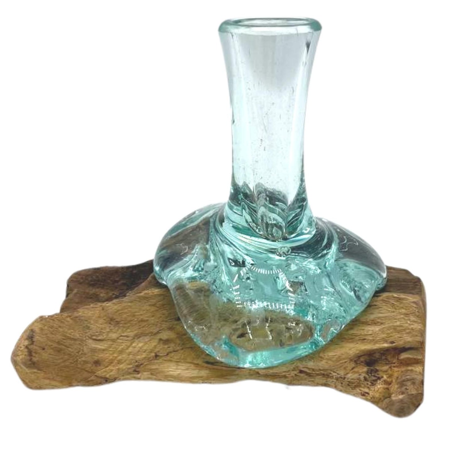 Handgemaakte Gerecycled glas vaasje klein op Hout – Uniek Interieurstuk