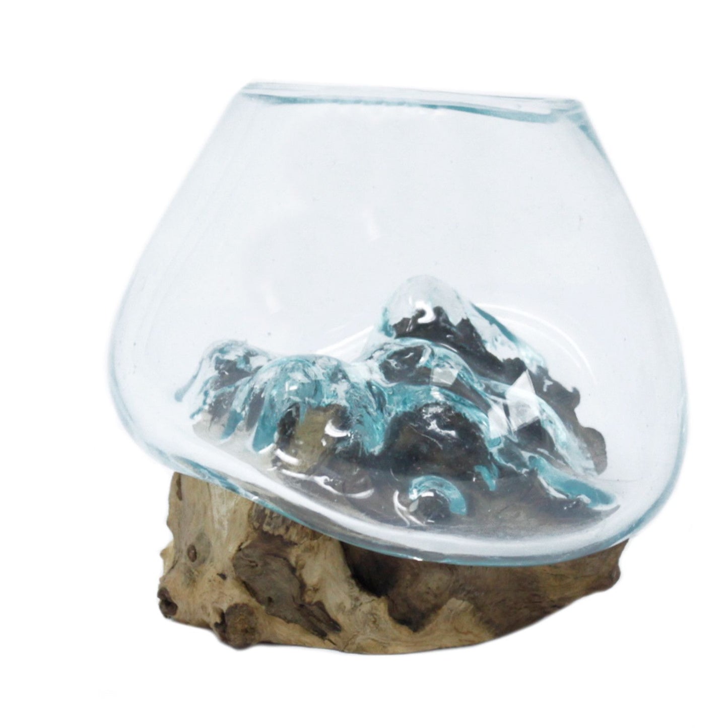 Handgemaakte Gerecycled glas  vaas/kom op whitewash Hout – Uniek Interieurstuk