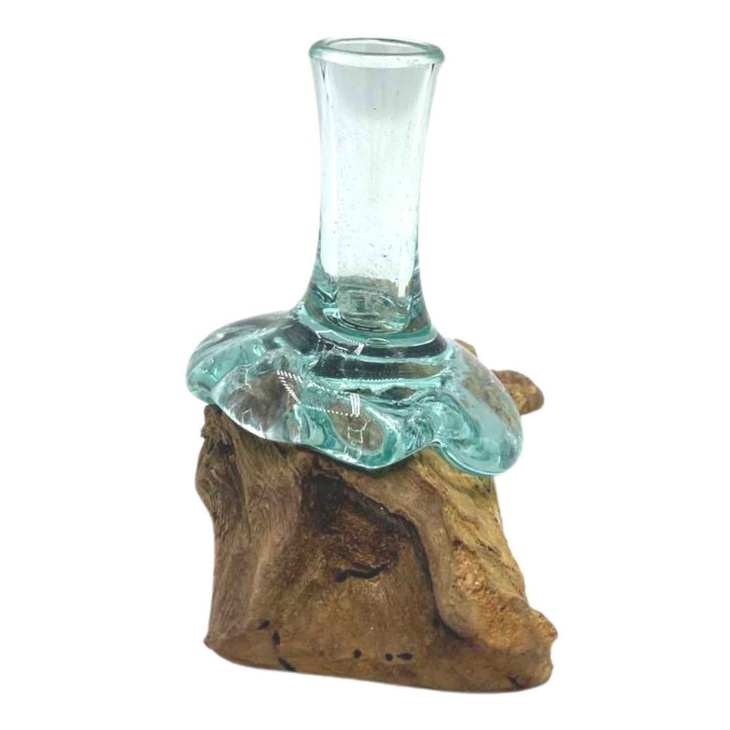 Handgemaakte Gerecycled glas vaasje klein op Hout – Uniek Interieurstuk