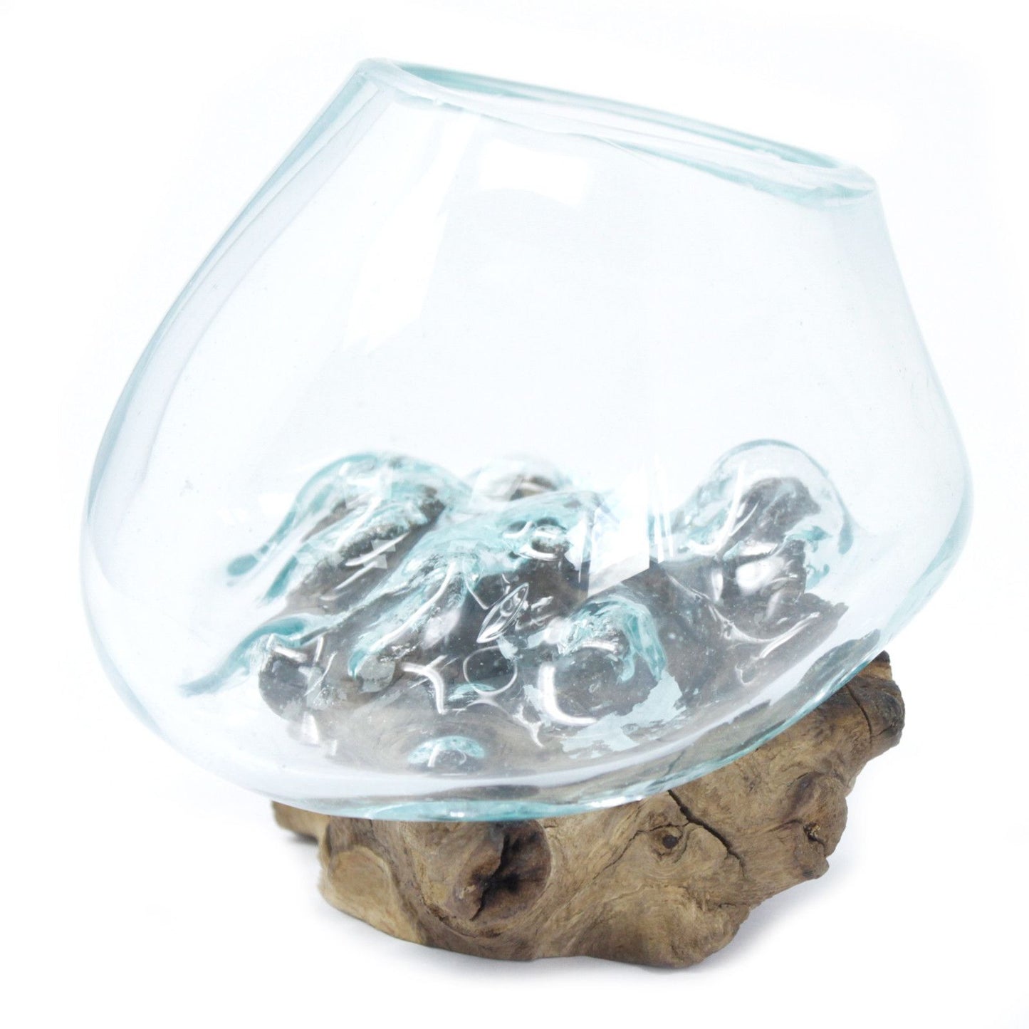 Handgemaakte Gerecycled glas  vaas/kom op whitewash Hout – Uniek Interieurstuk