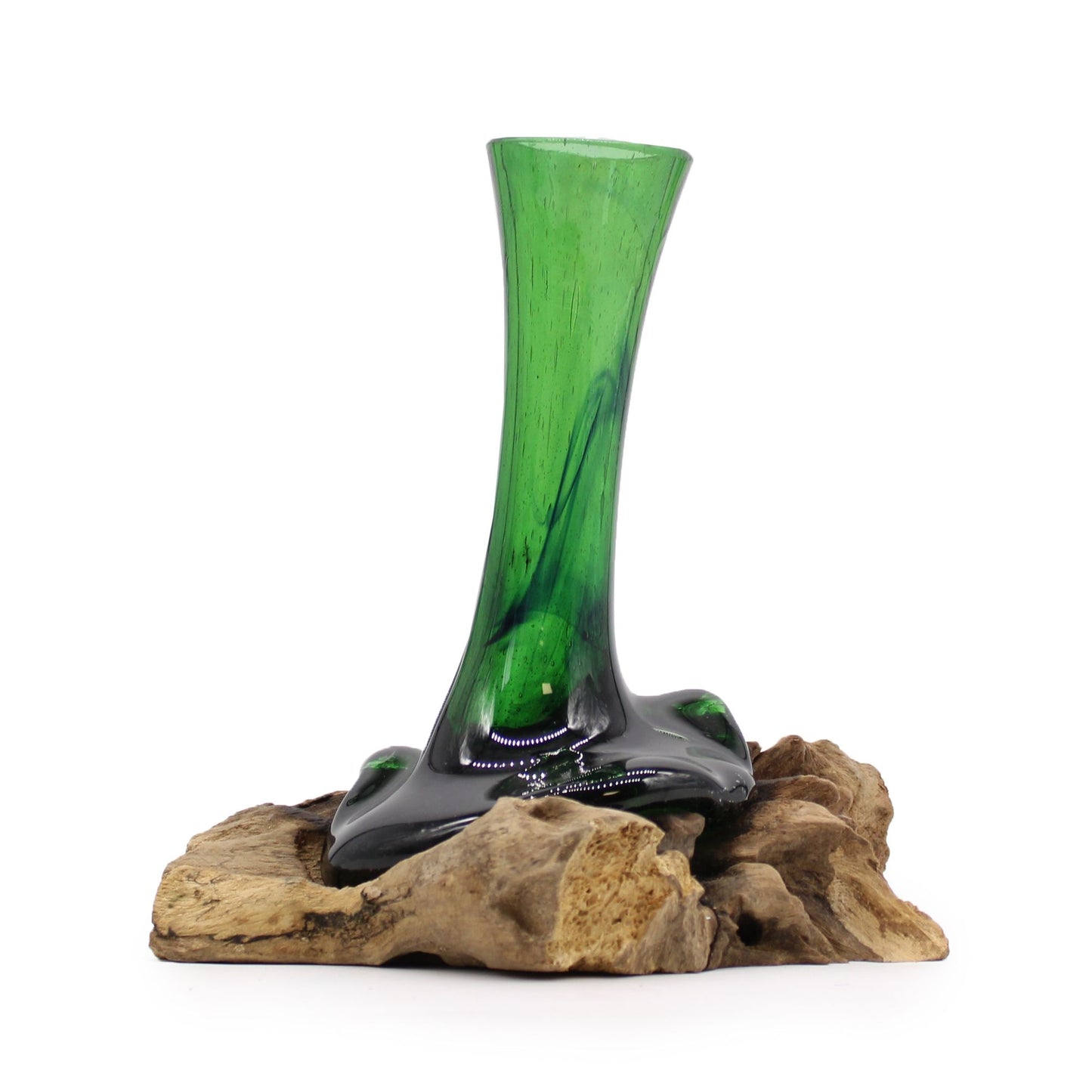 Handgemaakte Gerecycled glas vaas op Hout – Uniek Interieurstuk