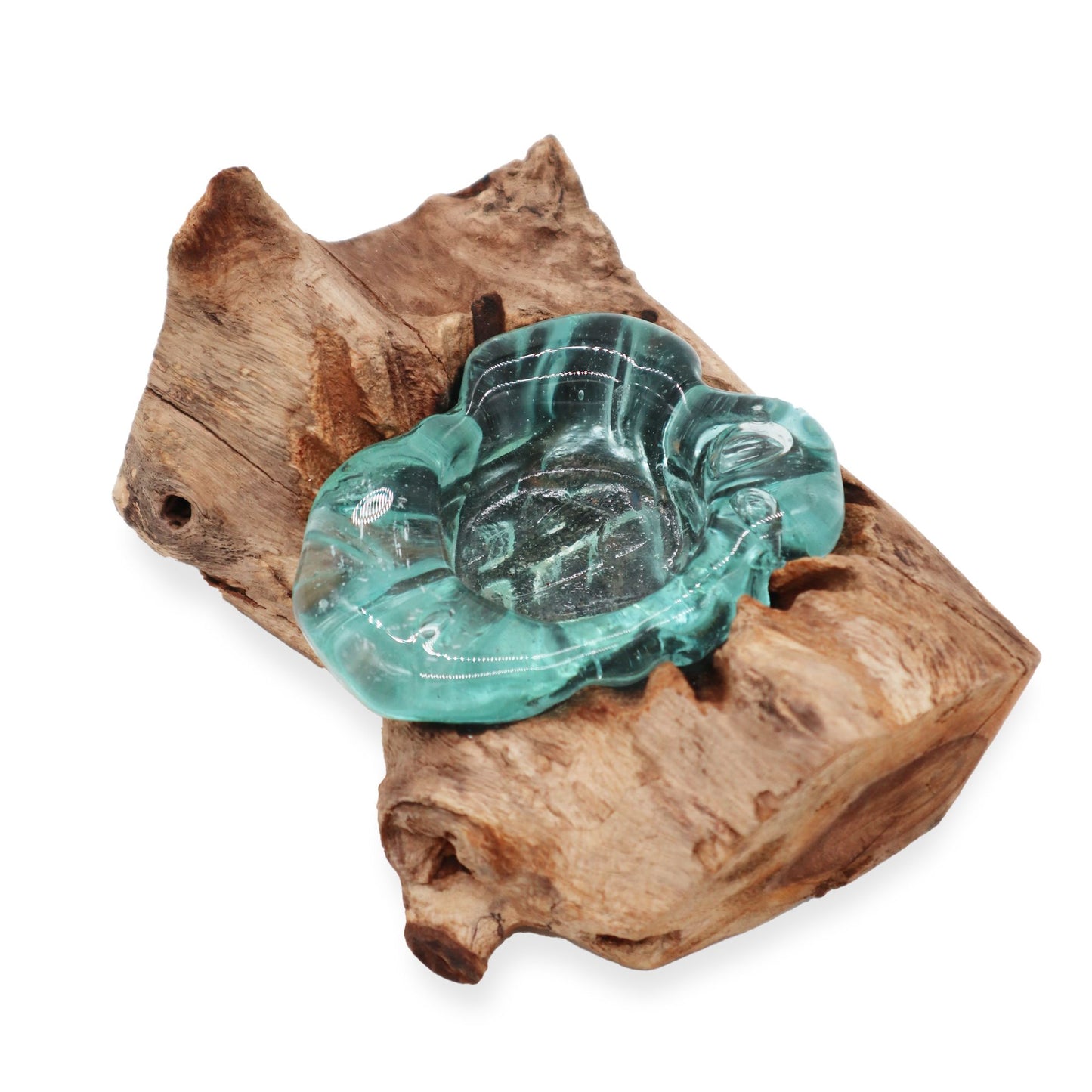 Handgemaakte Gerecycled Glas waxinehouder ophout | Wylife | Uniek decoratiestukHandgemaakte Gerecycled glas waxinehouder op Hout – Uniek Interieurstuk