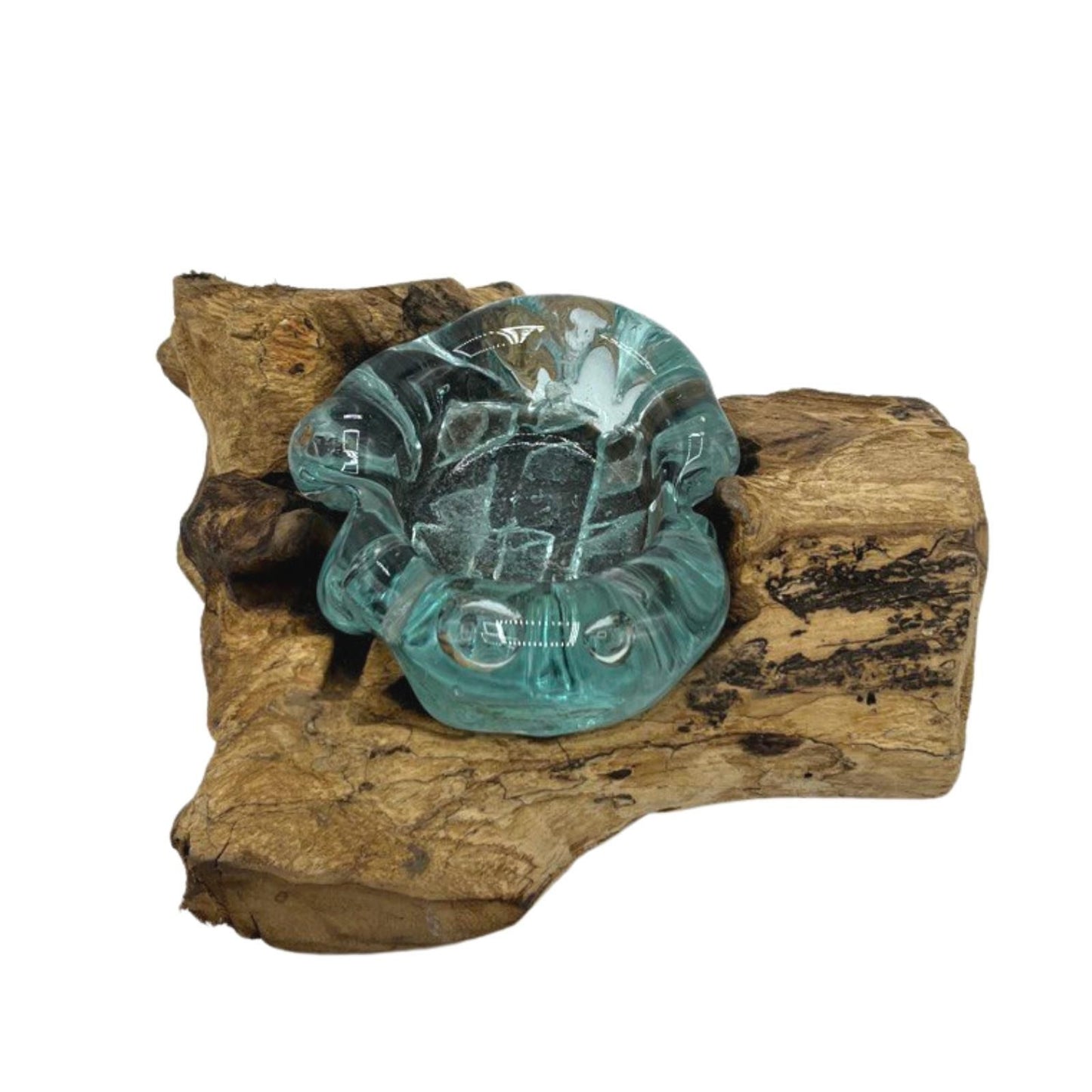 Handgemaakte Gerecycled Glas waxinehouder ophout | Wylife | Uniek decoratiestukHandgemaakte Gerecycled glas waxinehouder op Hout – Uniek Interieurstuk