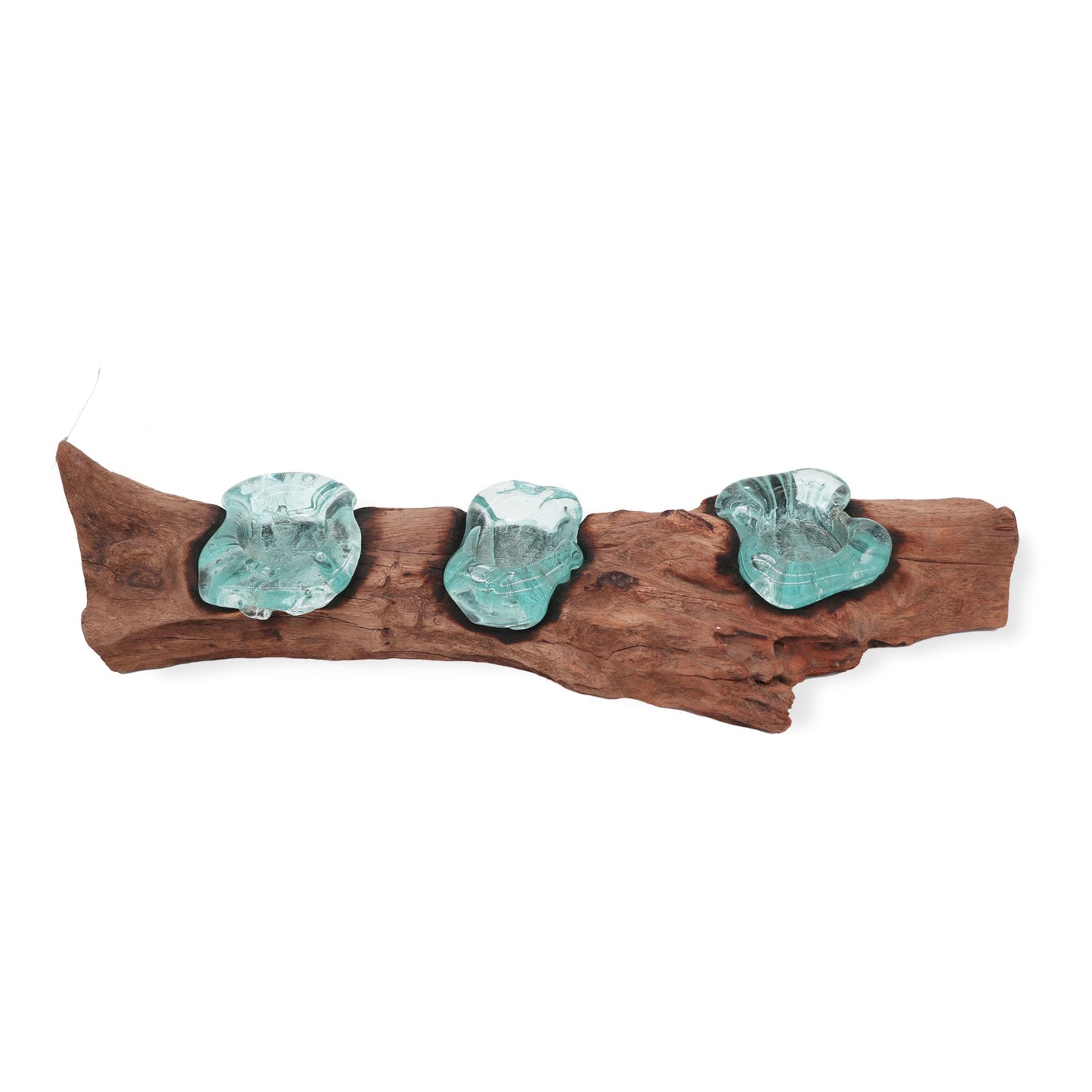 Handgemaakte Gerecycled glas theelichthouder (3) op Hout – Uniek Interieurstuk