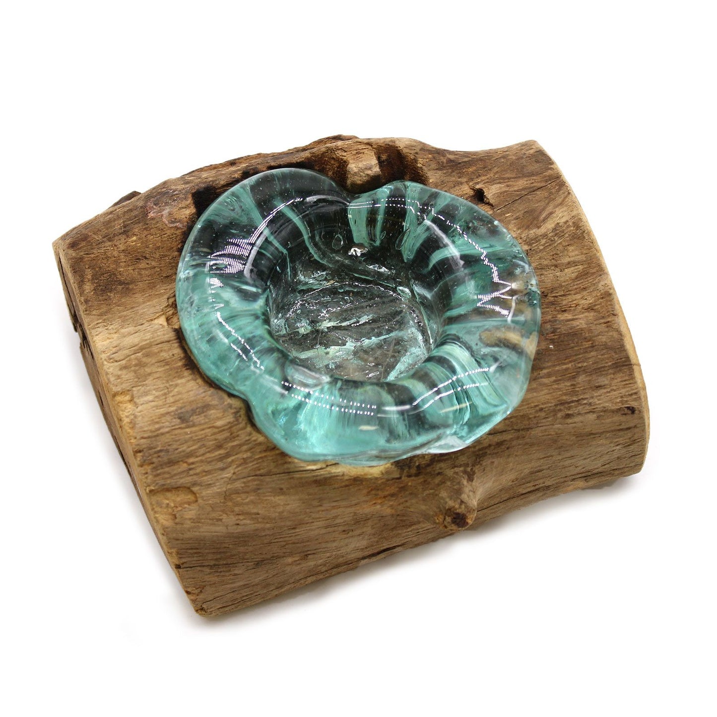 Handgemaakte Gerecycled Glas waxinehouder ophout | Wylife | Uniek decoratiestukHandgemaakte Gerecycled glas waxinehouder op Hout – Uniek Interieurstuk