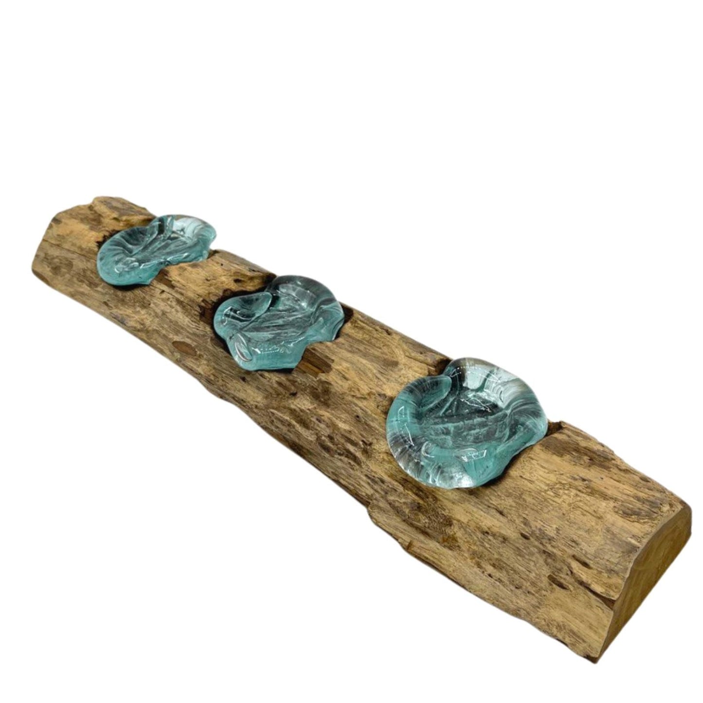 Handgemaakte Gerecycled glas theelichthouder (3) op Hout – Uniek Interieurstuk