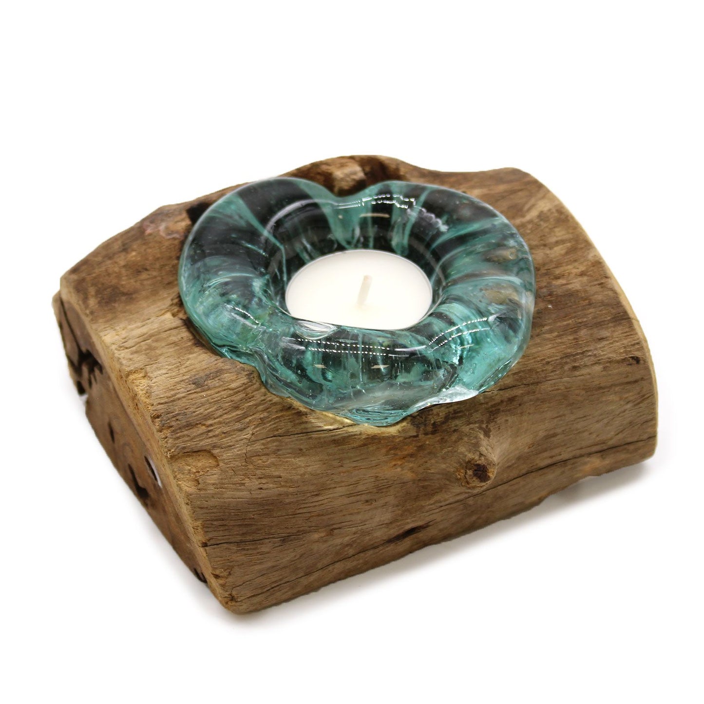 Handgemaakte Gerecycled Glas waxinehouder ophout | Wylife | Uniek decoratiestukHandgemaakte Gerecycled glas waxinehouder op Hout – Uniek Interieurstuk