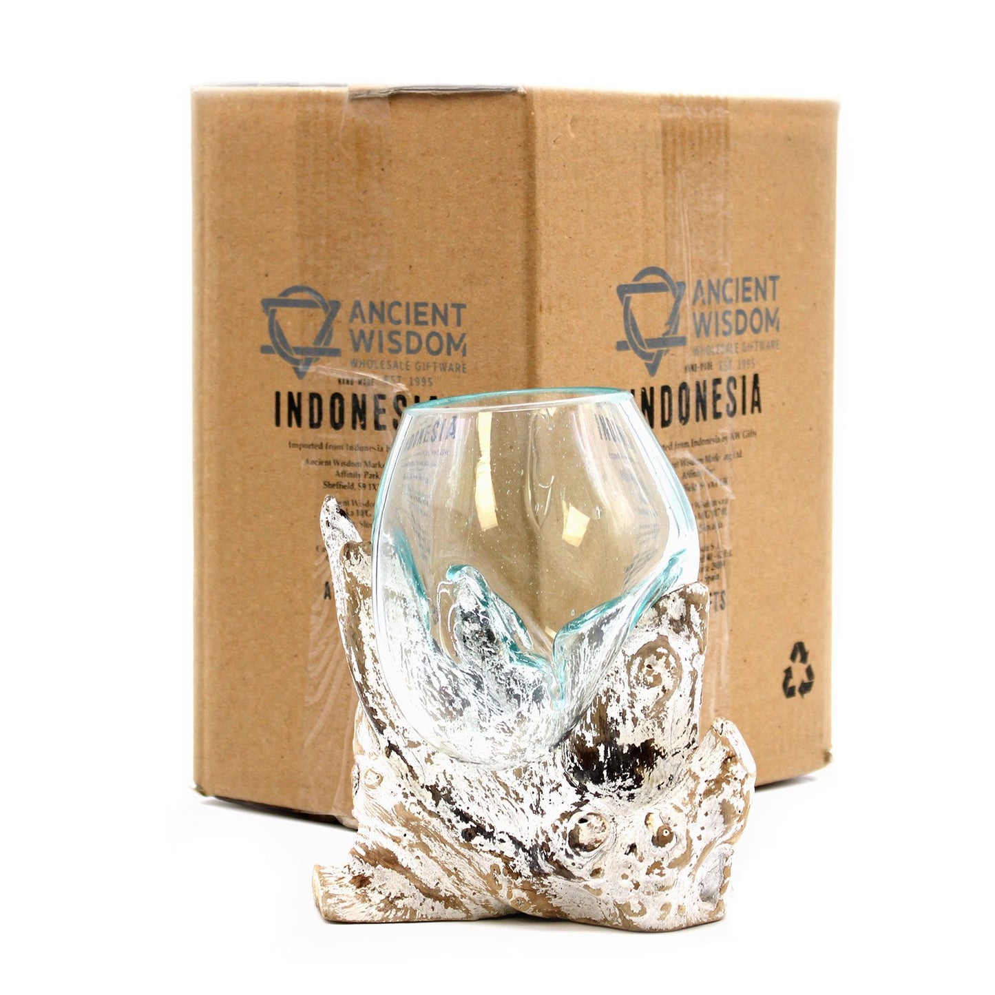 Handgemaakte Gerecycled glas  vaas op whitewash Hout – Uniek Interieurstuk