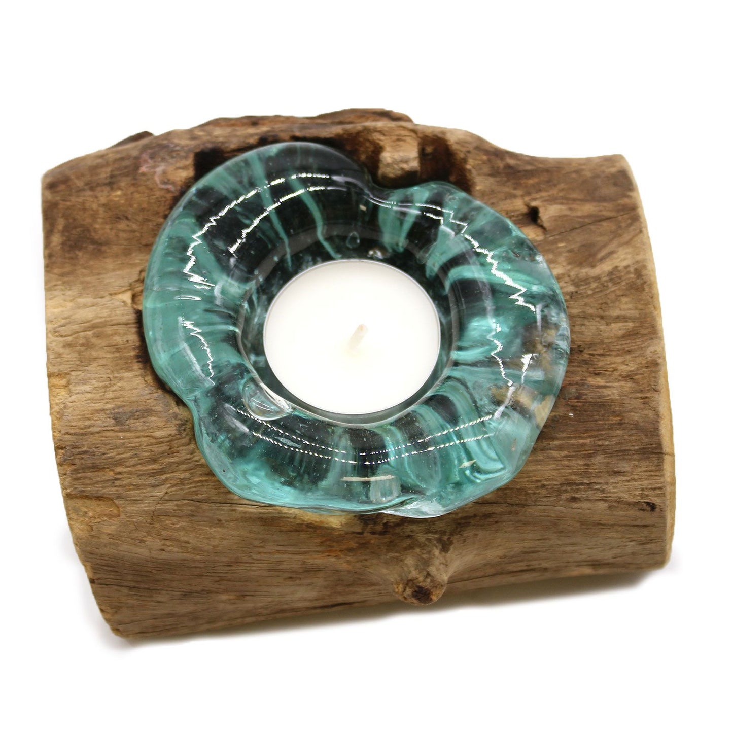 Handgemaakte Gerecycled Glas waxinehouder ophout | Wylife | Uniek decoratiestukHandgemaakte Gerecycled glas waxinehouder op Hout – Uniek Interieurstuk