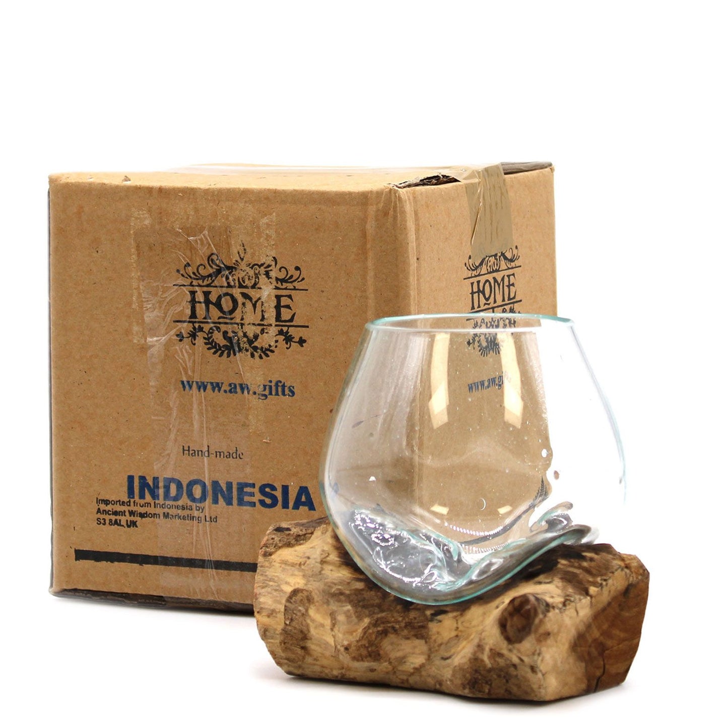Handgemaakte Gerecycled glas  vaas/kom op whitewash Hout – Uniek Interieurstuk