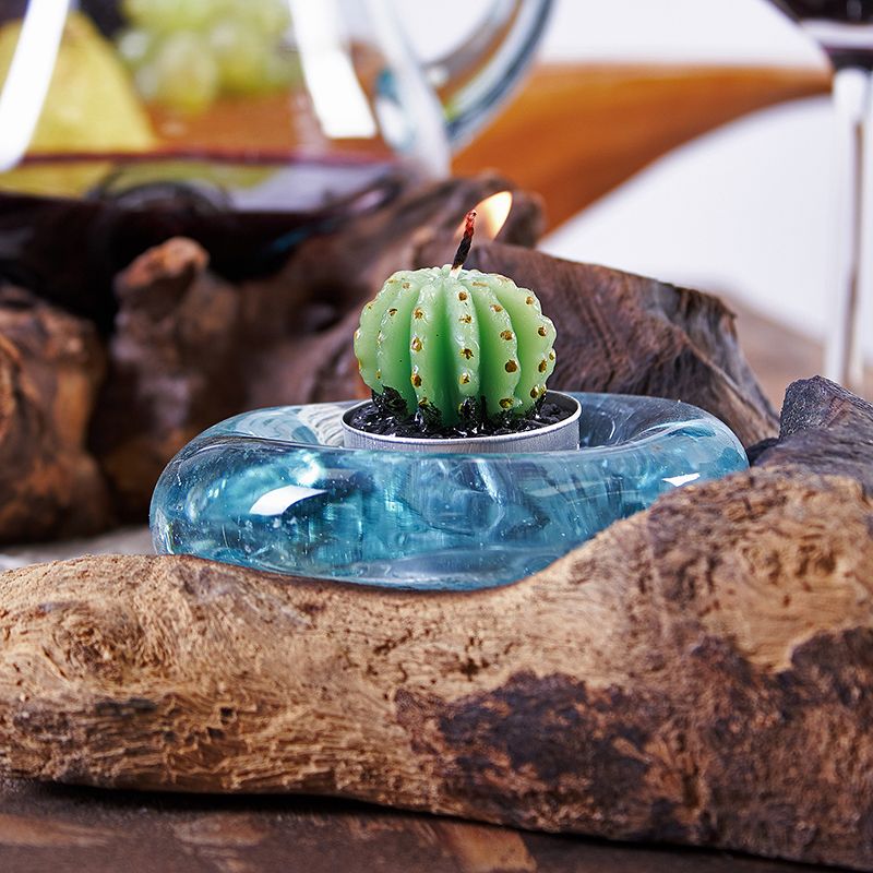 Handgemaakte Gerecycled glas theelichthouder op Hout – Uniek Interieurstuk