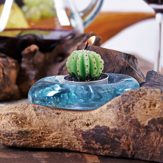 Handgemaakte Gerecycled glas theelichthouder op Hout – Uniek Interieurstuk