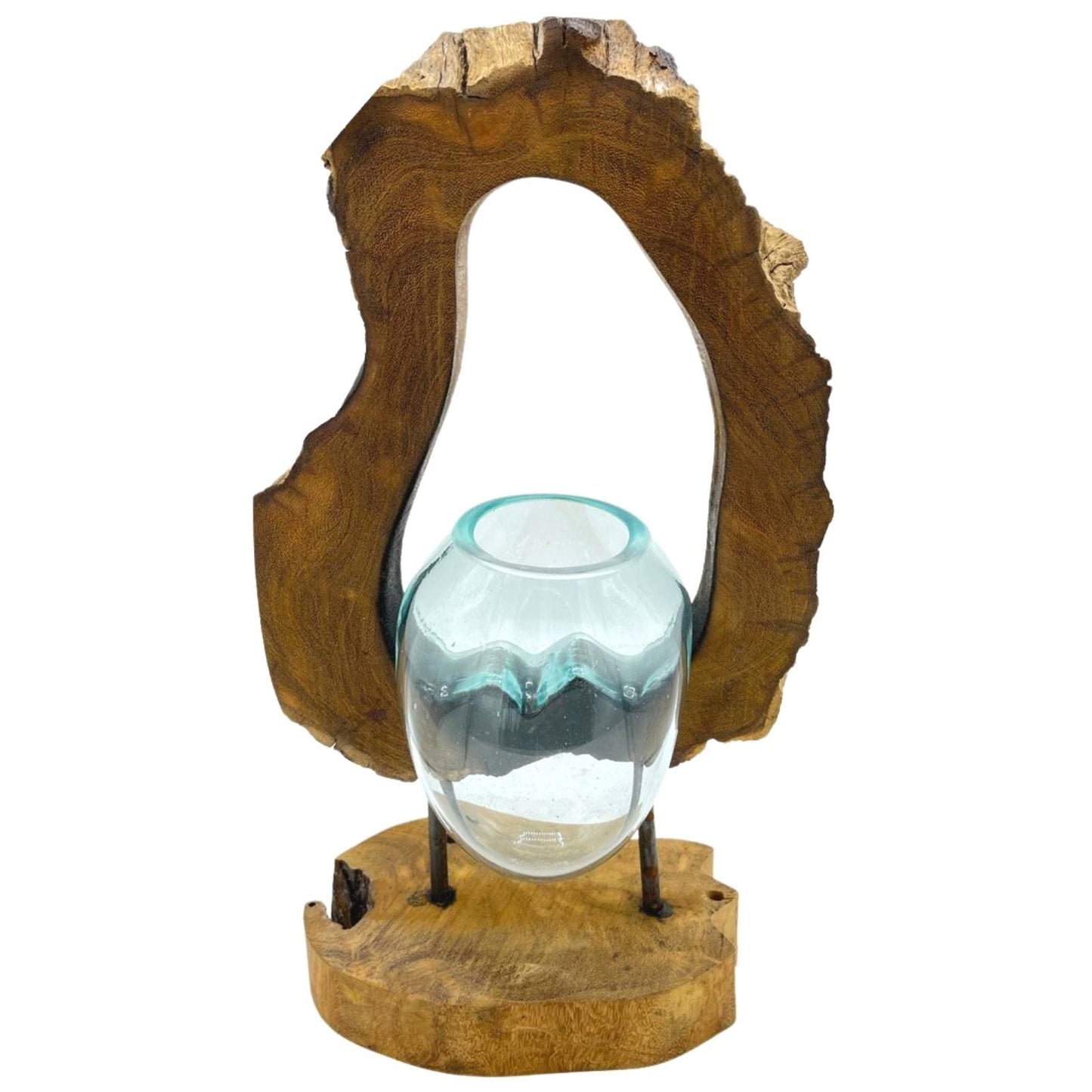 Handgemaakte Gerecycled glas vaas hangend op Hout – Uniek Interieurstuk