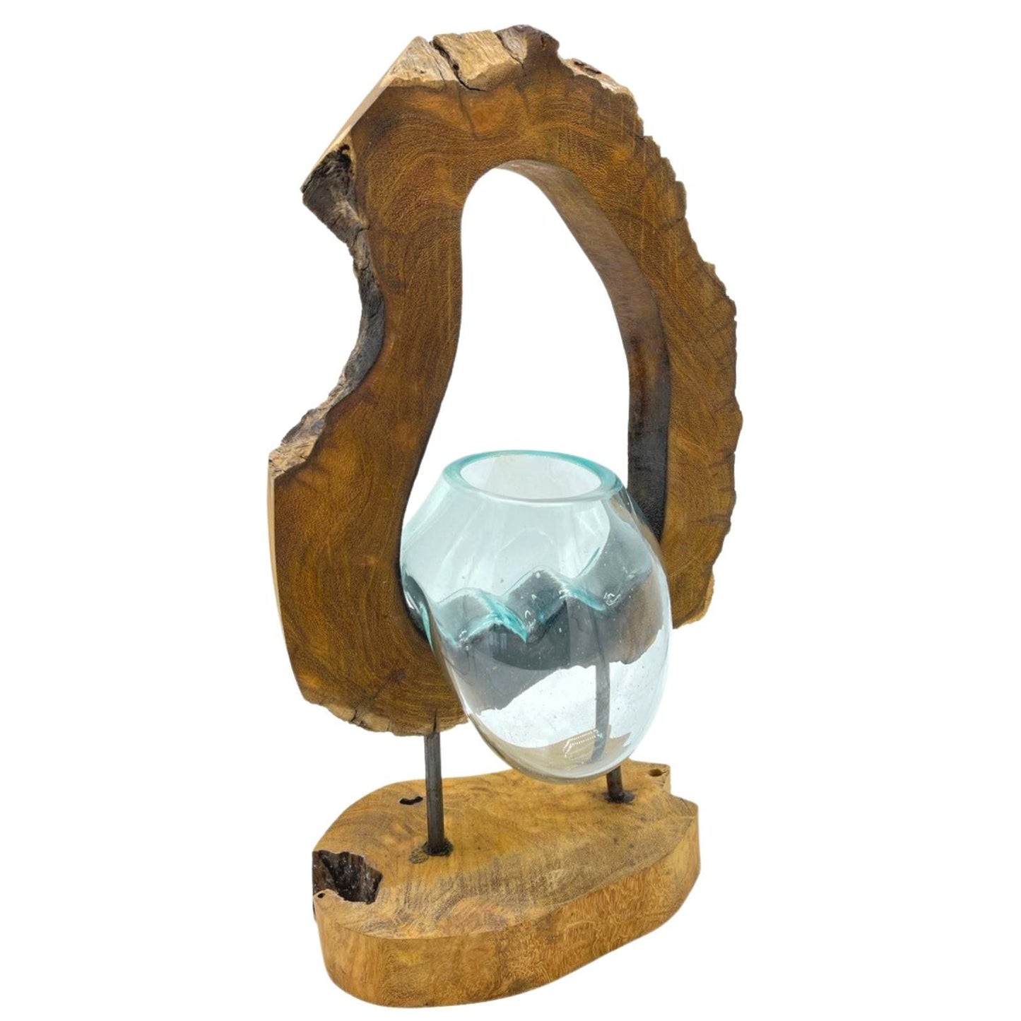 Handgemaakte Gerecycled glas vaas hangend op Hout – Uniek Interieurstuk