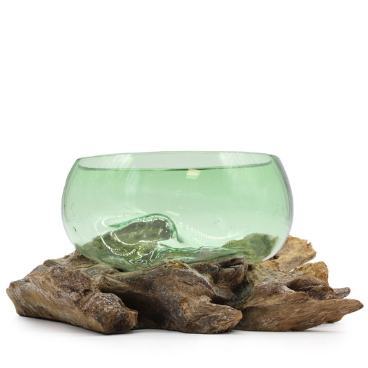 Druppelschaal groot op drijfhout - gerecycled bierfles glas