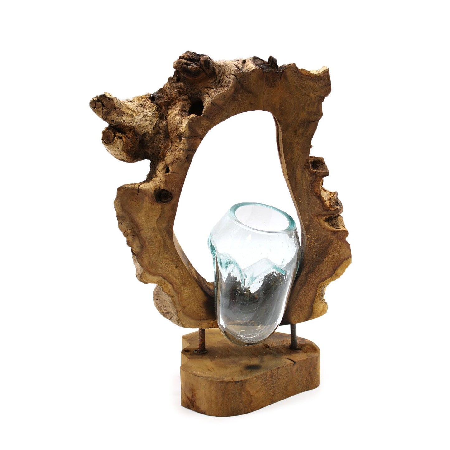 Handgemaakte Gerecycled glas vaas hangend op Hout – Uniek Interieurstuk