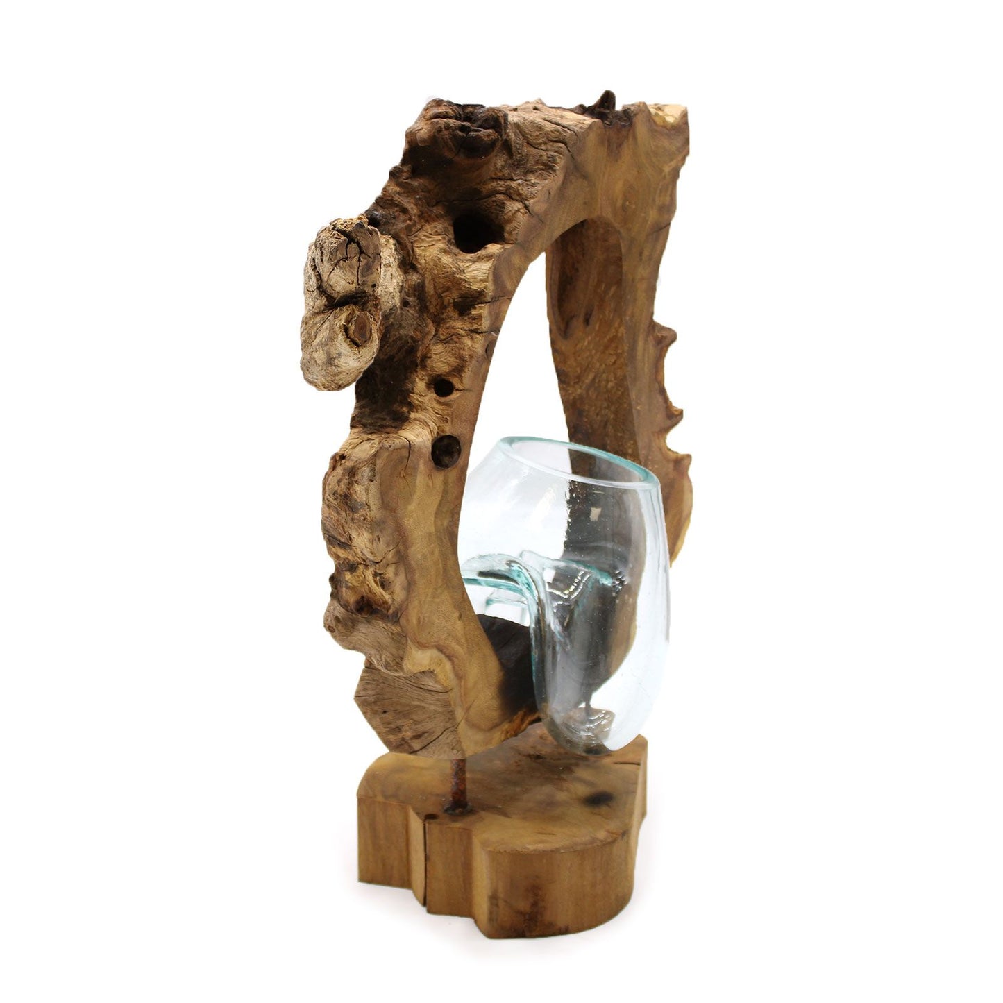 Handgemaakte Gerecycled glas vaas hangend op Hout – Uniek Interieurstuk
