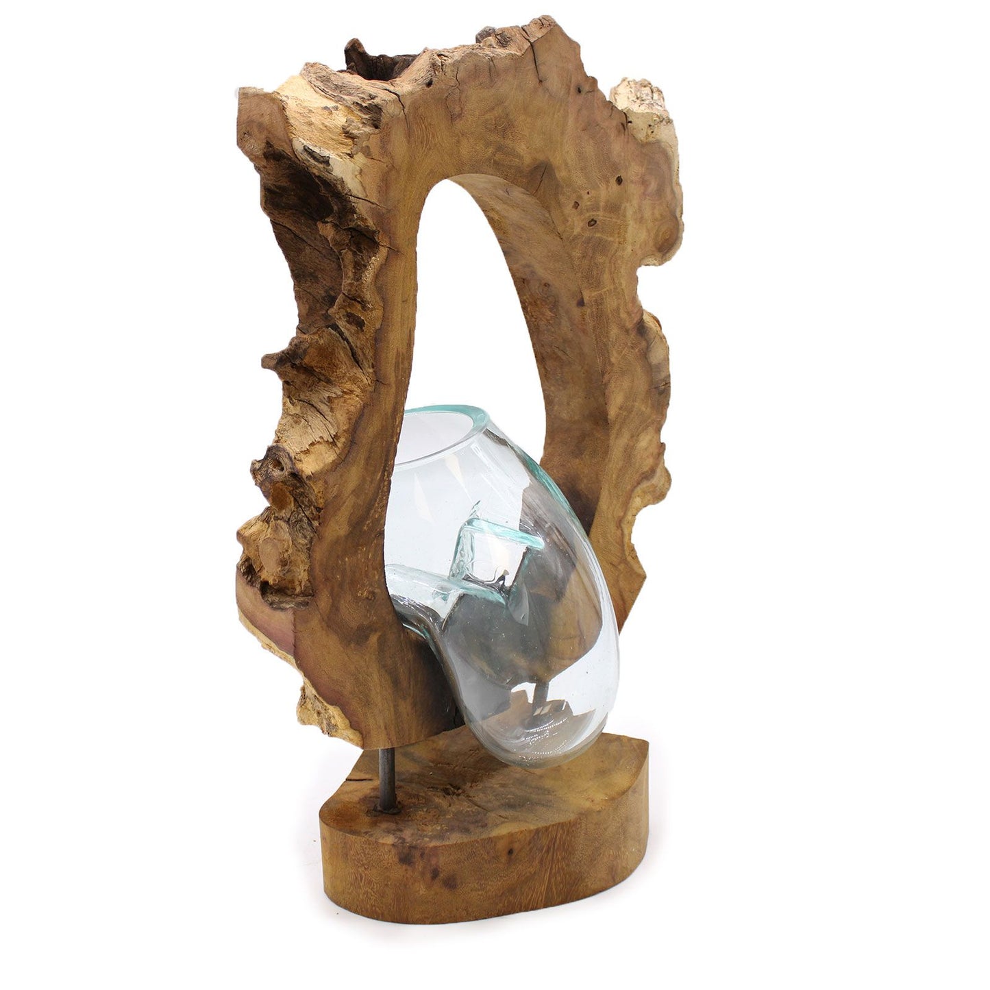 Handgemaakte Gerecycled glas vaas hangend op Hout – Uniek Interieurstuk