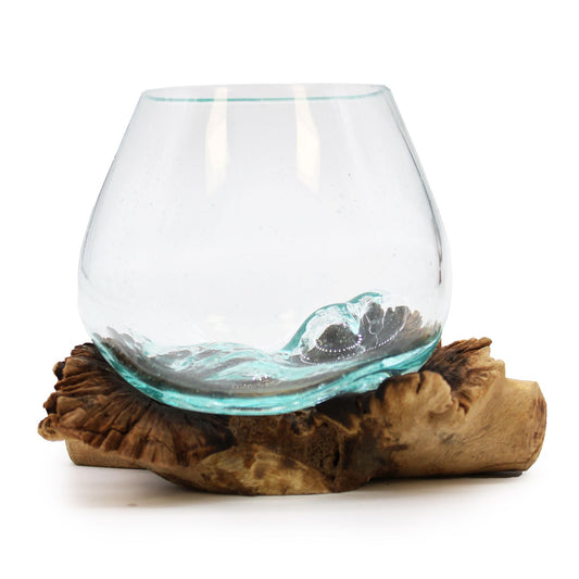 Handgemaakte Gerecycled glas vaas / kom op Hout – Uniek Interieurstuk